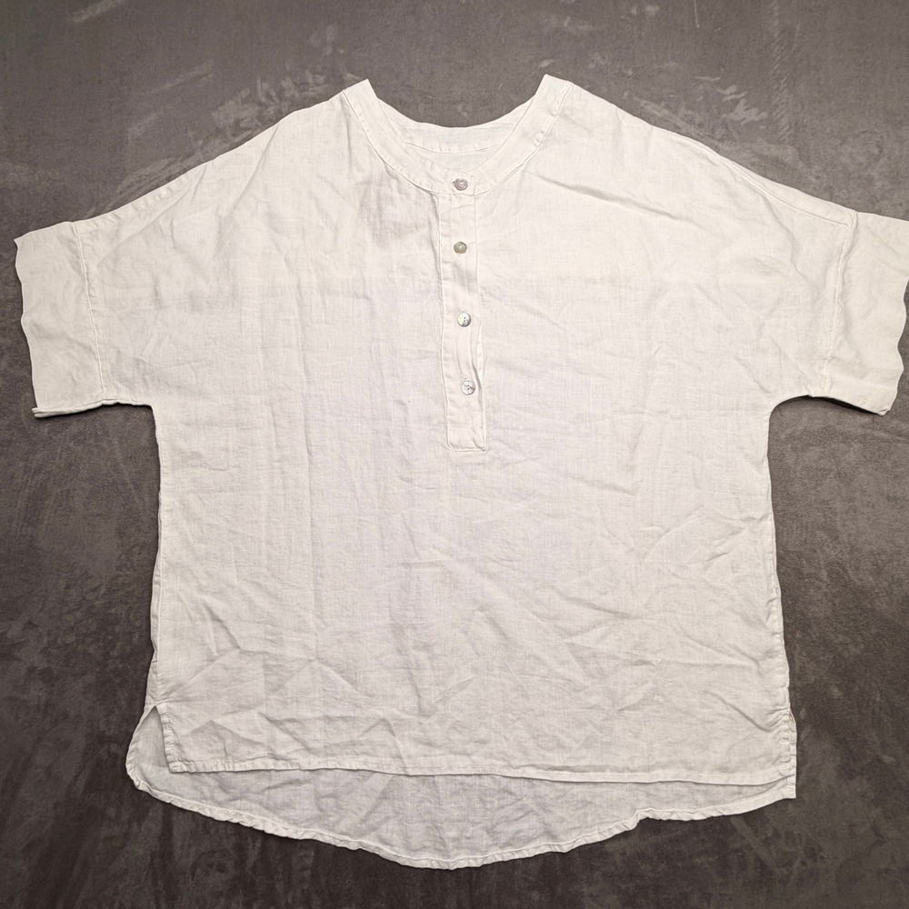 The Grand Linen Top Womens M White Henley Short Sleeve Made in Greece Resort New